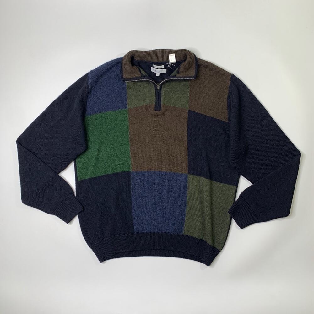 Alex Cannon Sweater Mens L Large Navy Wool Blend Italian Yarn Colorblock 1/4 Zip - Picture 2 of 9